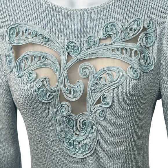 Vintage Don Sayres Wellmore SZ 8 Blue Knit &Silk Embroidered Dress Neiman Marcus - Picture 2 of 11